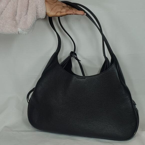 Black Pebbled Leather Shoulder Bag 3 Compartment Tote w/ Gold Zipper & Monogram - Picture 6 of 7